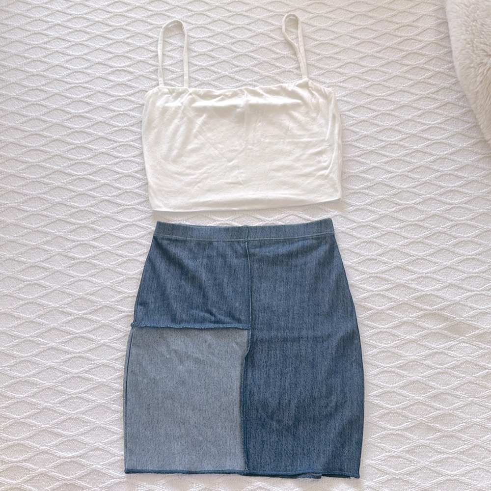 Naked wardrobe denim mini skirt xs and white top